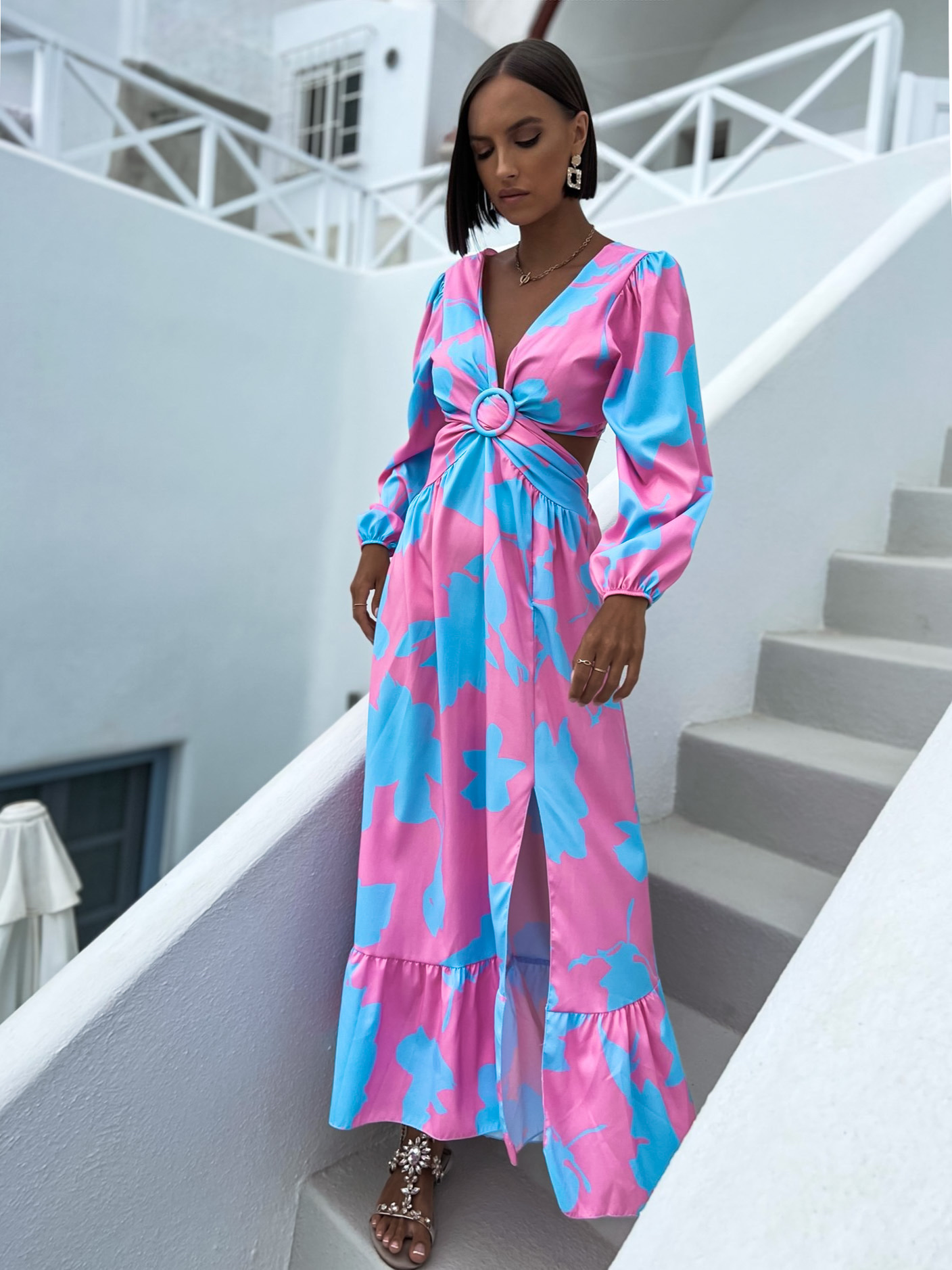 Růžovo modré světlejší elegantní šaty CASSIUS s rozparkem - Obrázek 2