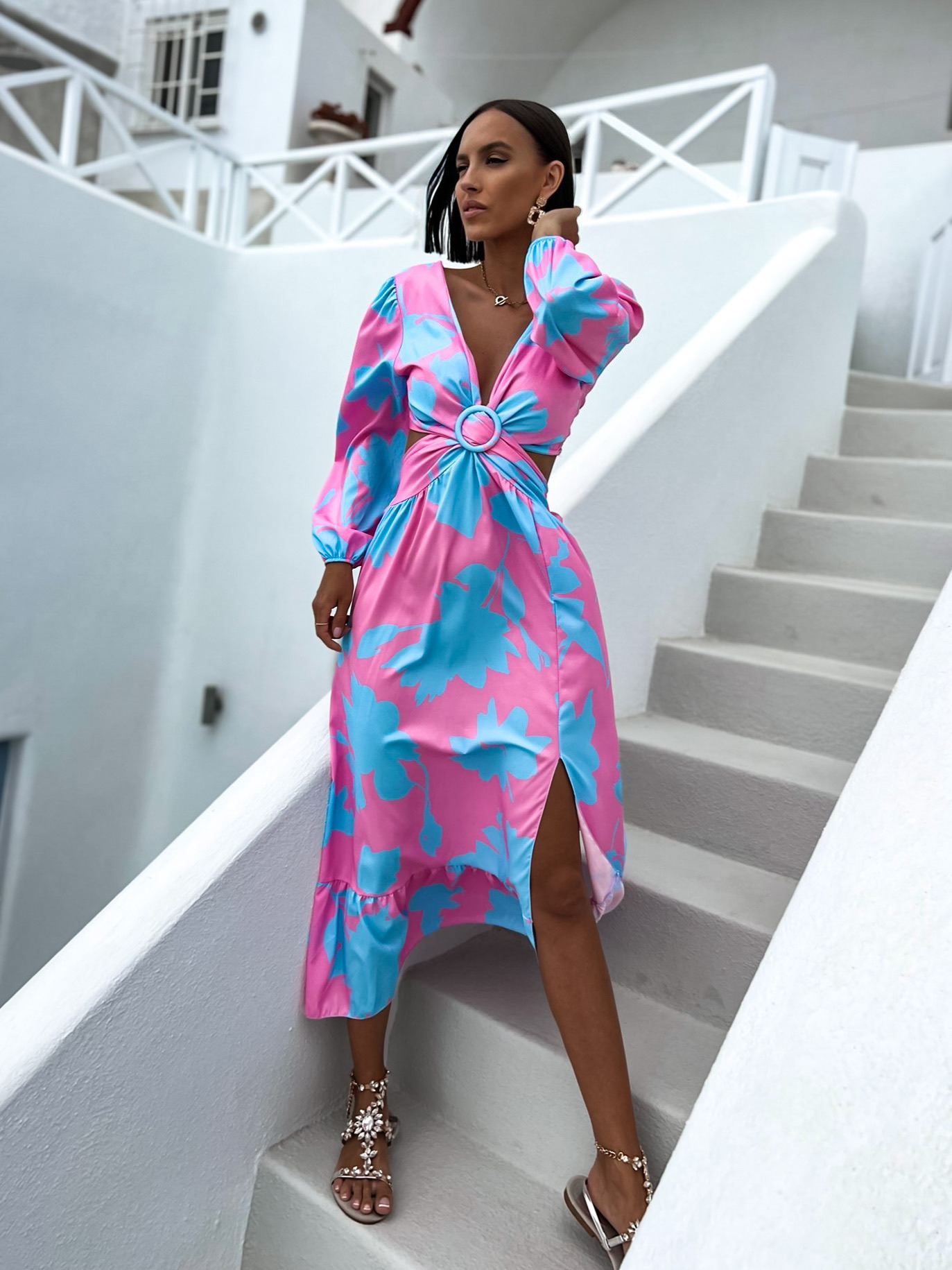 Růžovo modré světlejší elegantní šaty CASSIUS s rozparkem - Obrázek 3