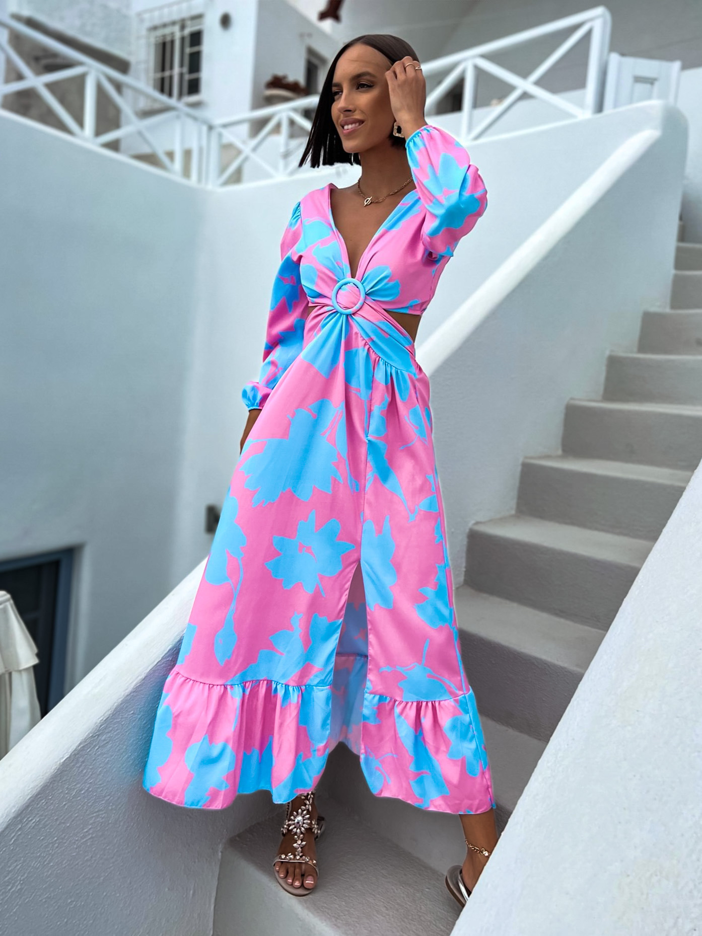 Růžovo modré světlejší elegantní šaty CASSIUS s rozparkem