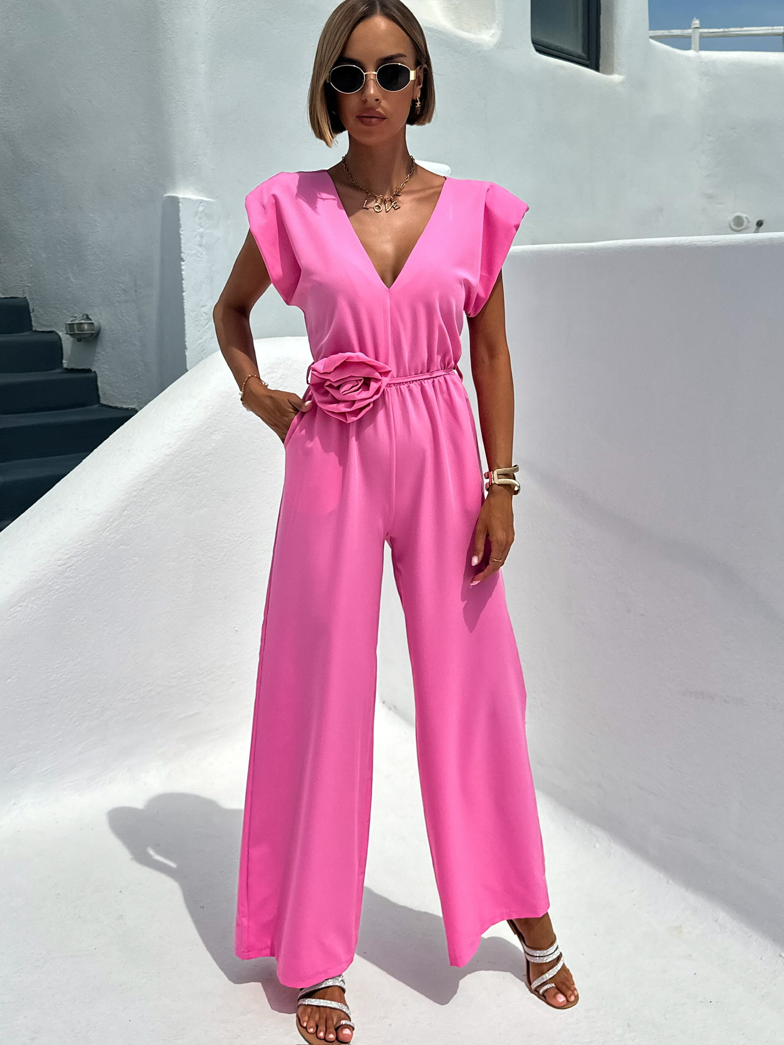 Růžový dlouhý elegantní overal KOSMAS s výstřihem Velikost: ONESIZE - Obrázek 2