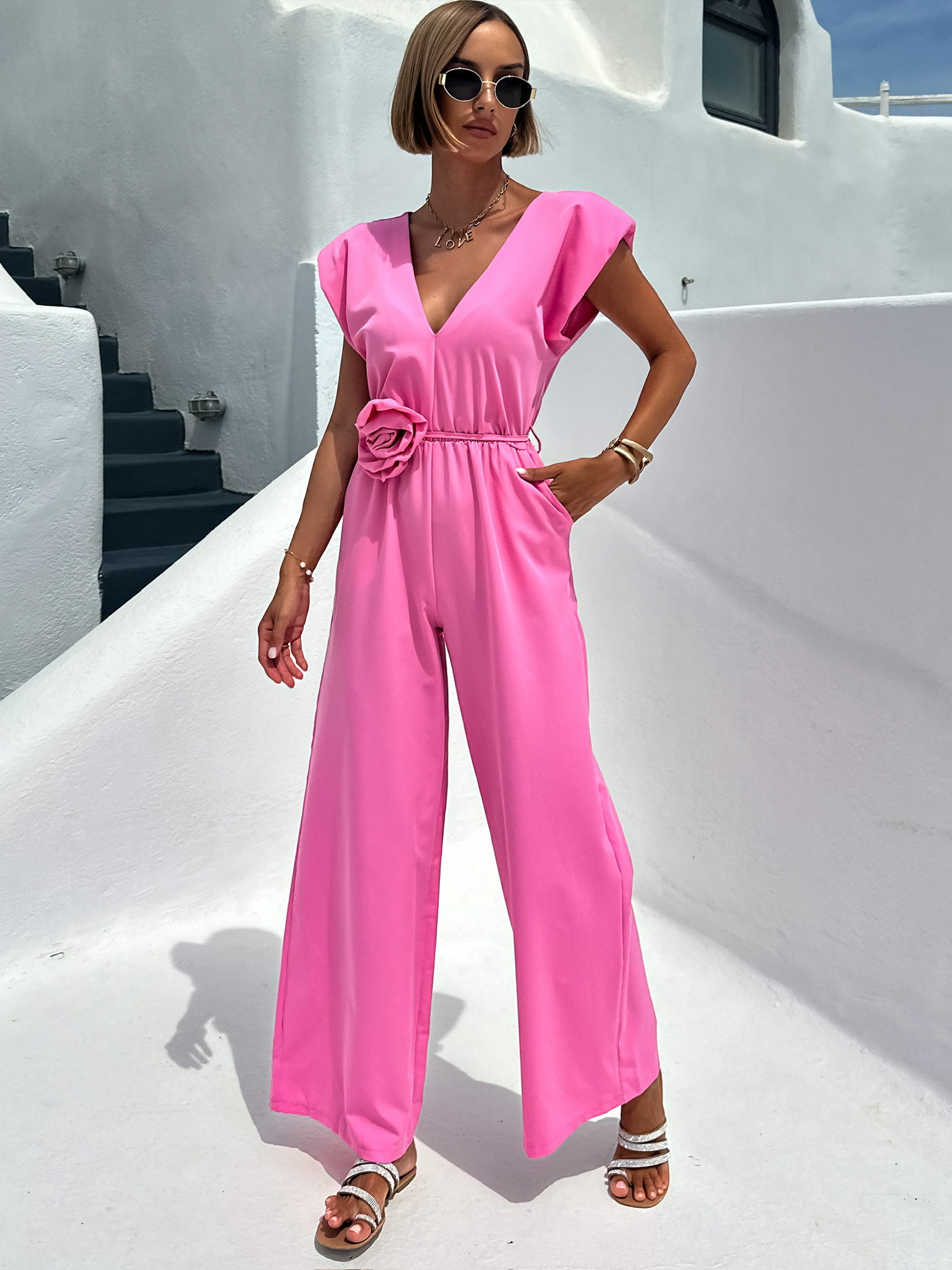 Růžový dlouhý elegantní overal KOSMAS s výstřihem Velikost: ONESIZE - Obrázek 3