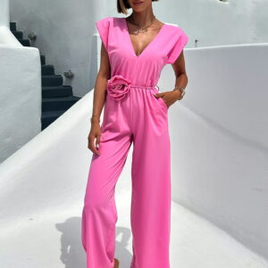 Růžový dlouhý elegantní overal KOSMAS s výstřihem Velikost: ONESIZE