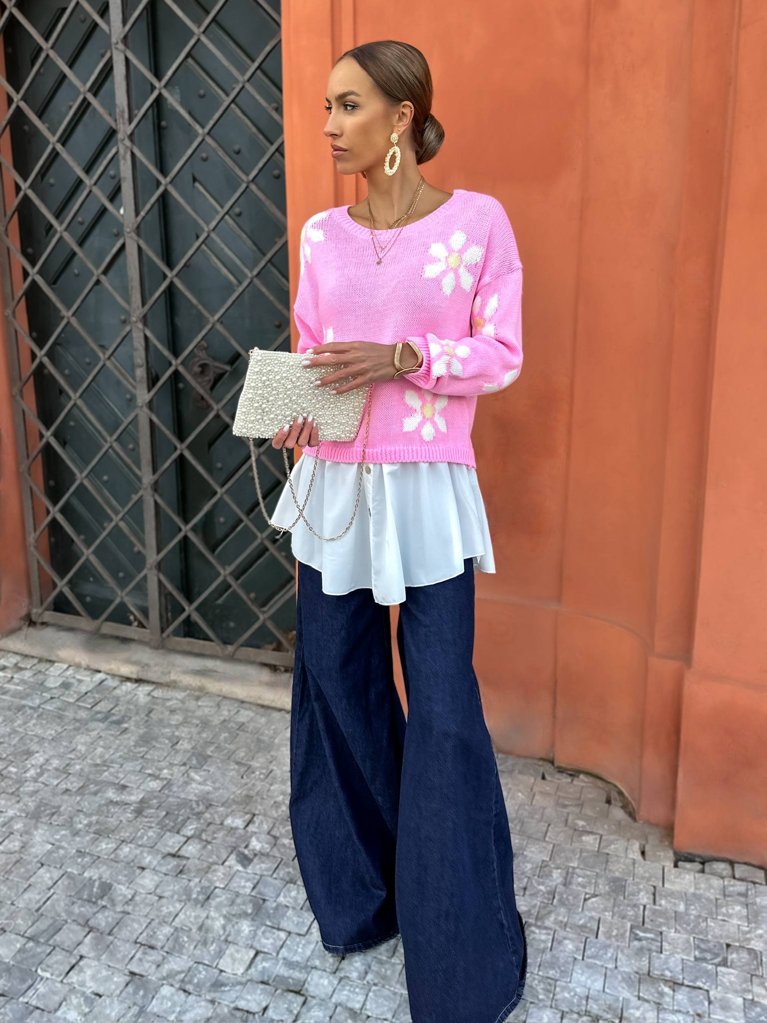 Růžový květinový svetřík se spodničkou PAULINA Velikost: ONESIZE - Obrázek 2