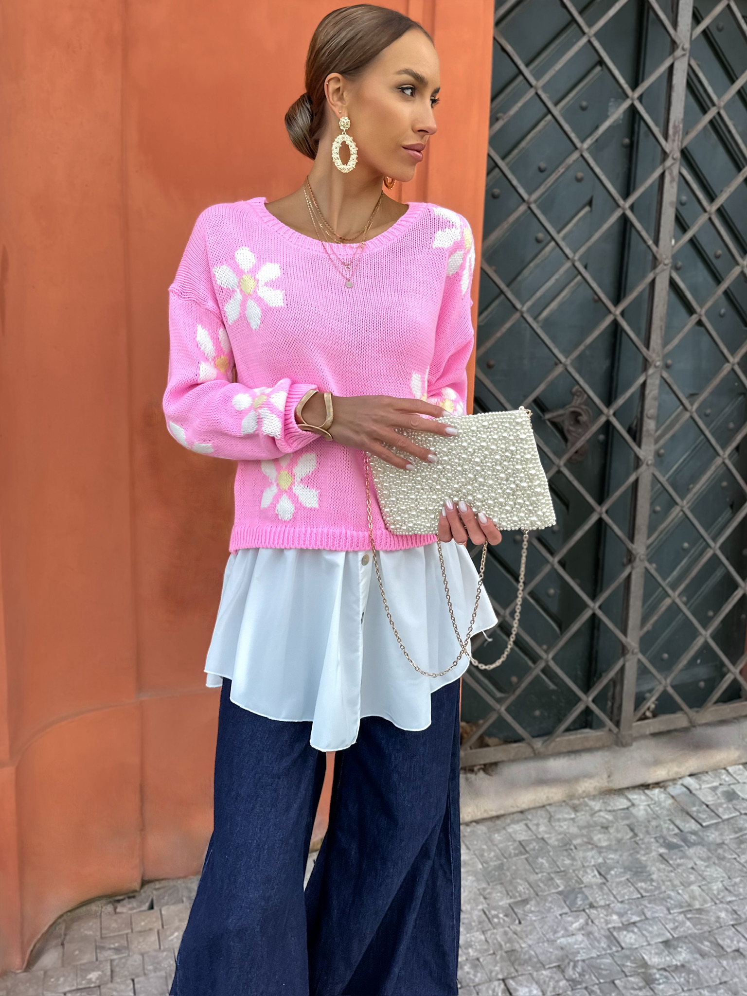 Růžový květinový svetřík se spodničkou PAULINA Velikost: ONESIZE - Obrázek 3