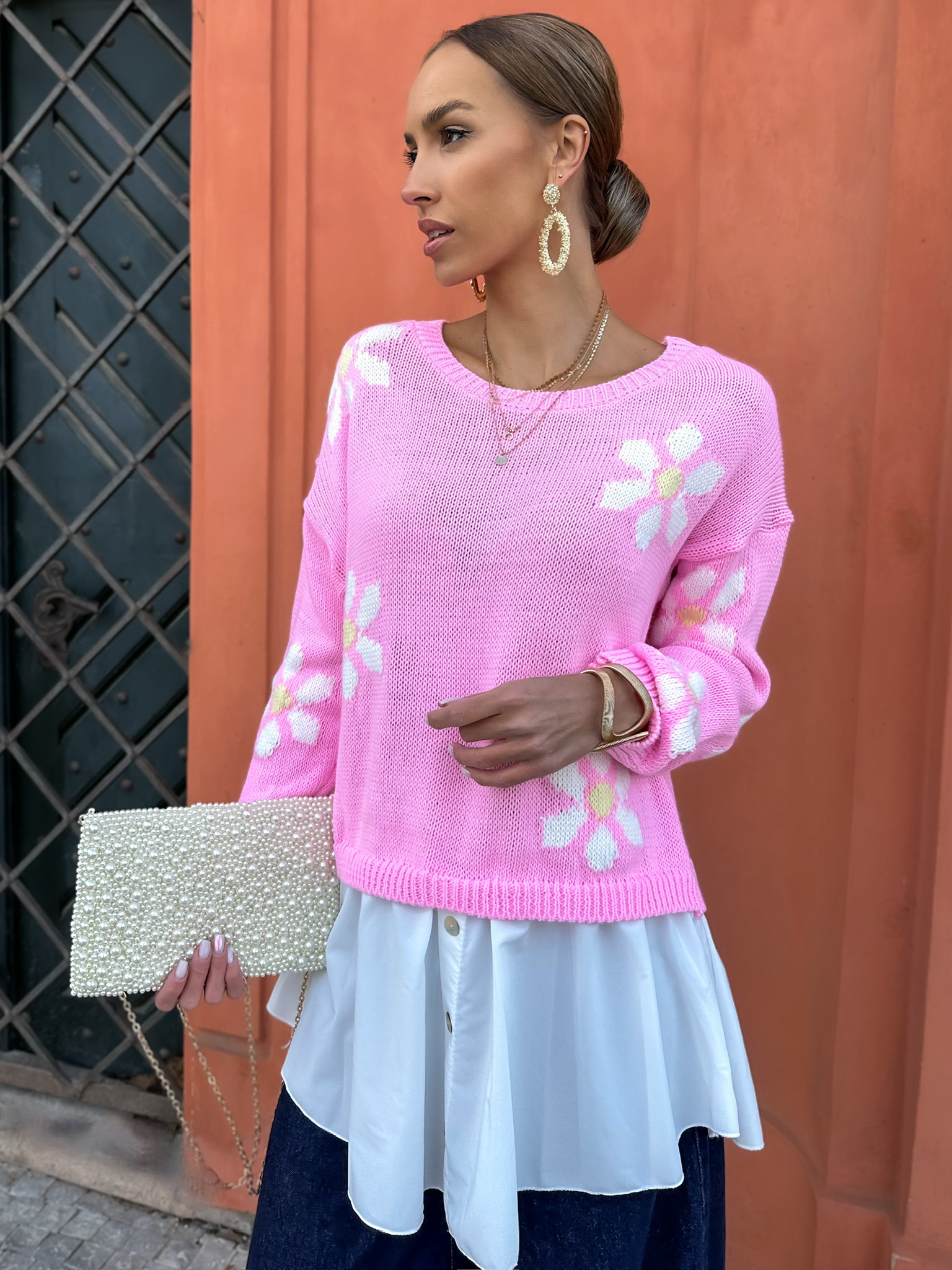 Růžový květinový svetřík se spodničkou PAULINA Velikost: ONESIZE