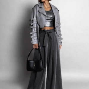 Šedá biker koženková bunda SUELITA s pásky Velikost: L