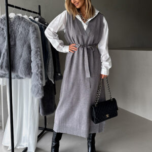Šedé 2v1 svetrové dlouhé šaty GINEVDA s košilí Velikost: ONESIZE
