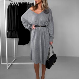 Šedé dlouhé oversize svetrové šaty AUDREY s broží Velikost: ONESIZE
