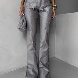 Šedé koženkové kalhoty ELETRA se zipy Velikost: L