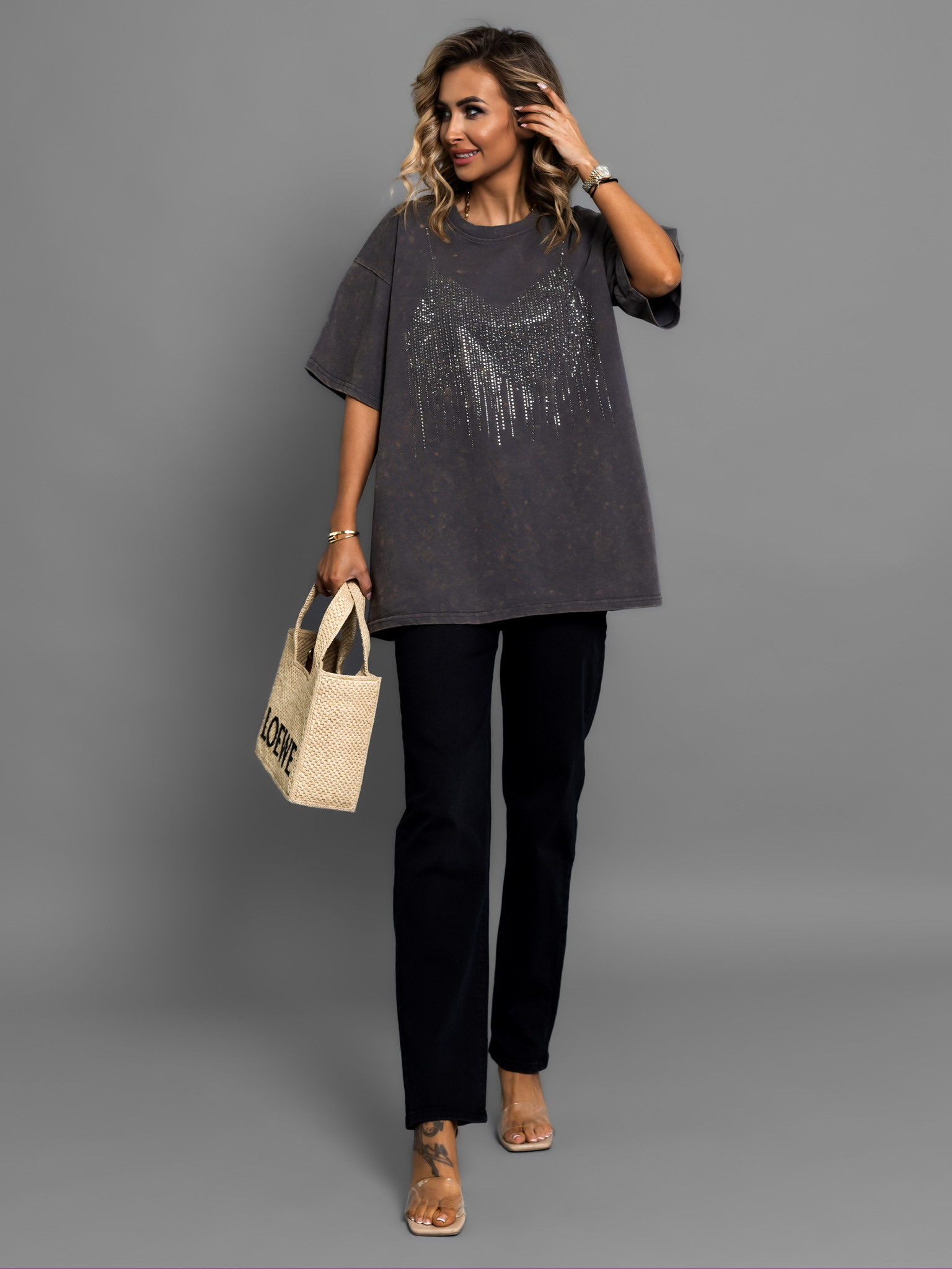 Šedé oversize tričko JOHANA s kamínky Velikost: ONESIZE - Obrázek 3