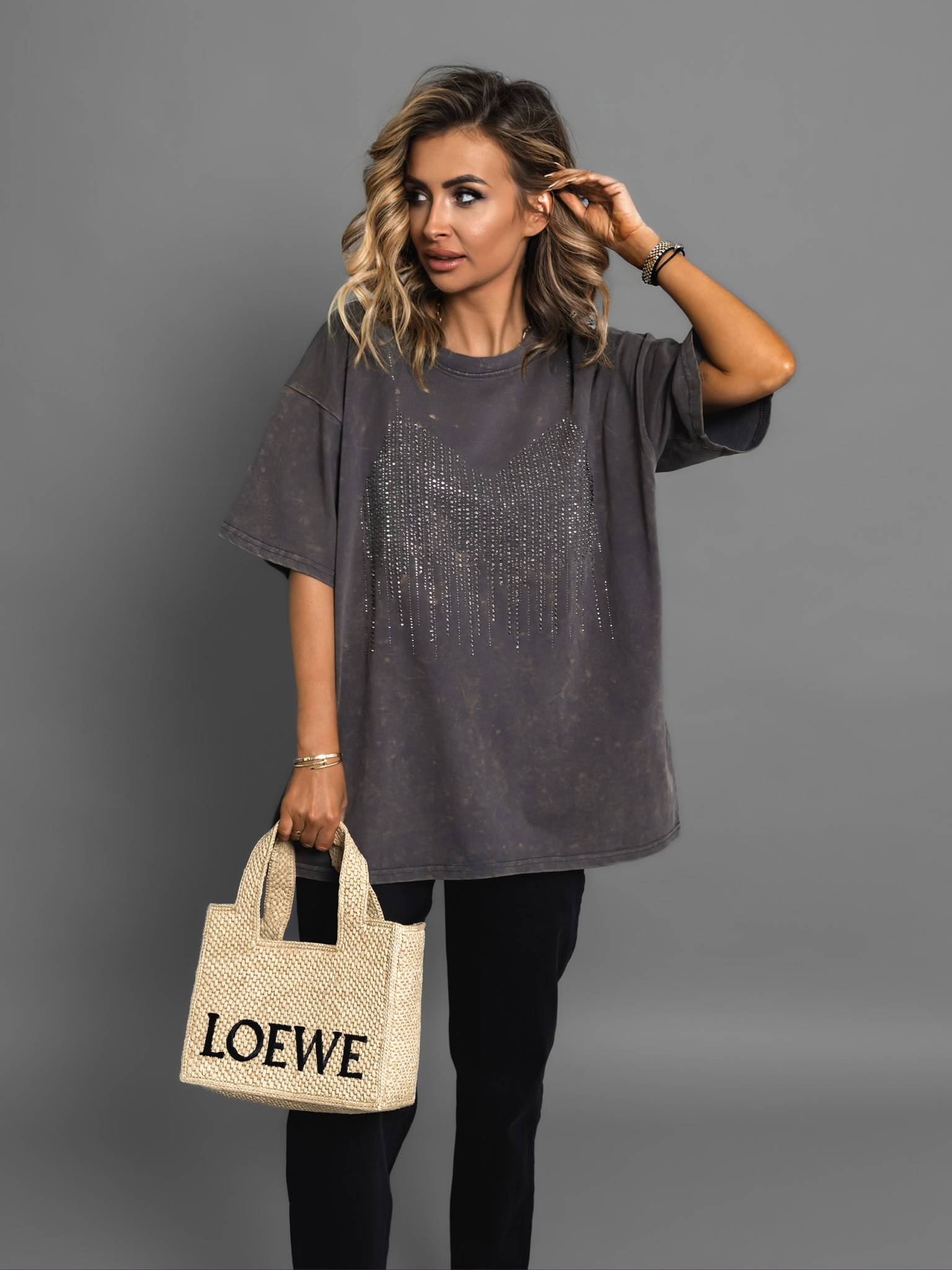 Šedé oversize tričko JOHANA s kamínky Velikost: ONESIZE