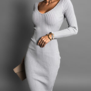 Šedé žebrované midi šaty LOUTEN s dlouhým rukávem Velikost: M/L