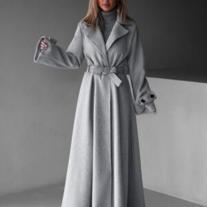 Šedý dlouhý áčkový kabát YALENA s páskem Velikost: ONESIZE