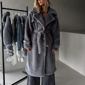 Šedý dlouhý teddy zavazovací kabát LEYLA Velikost: L