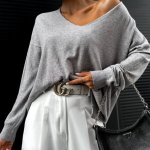 Šedý svetr KASIM s výstřihem do V Velikost: ONESIZE