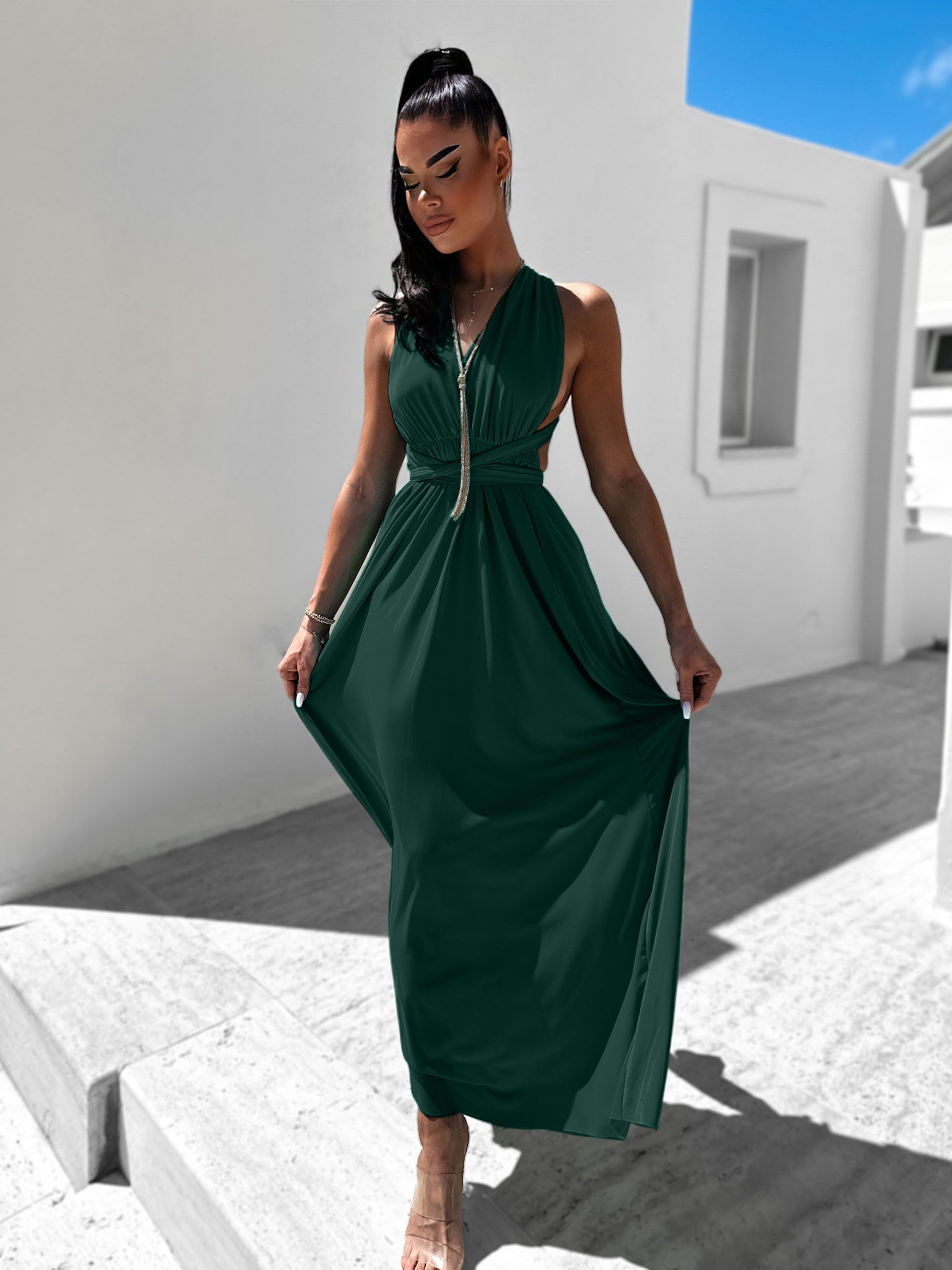 Smaragdové elegantní šaty BEATRICE s vázáním Velikost: ONESIZE - Obrázek 2