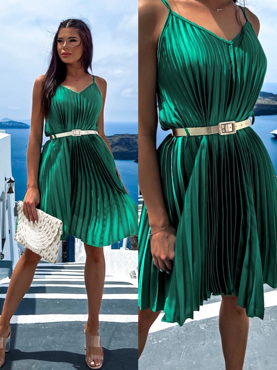 Smaragdové lesklé plisované šaty CLAURA se zlatým páskem Velikost: ONESIZE