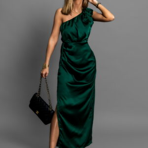 Smaragdové saténové midi šaty ROULES Velikost: ONESIZE