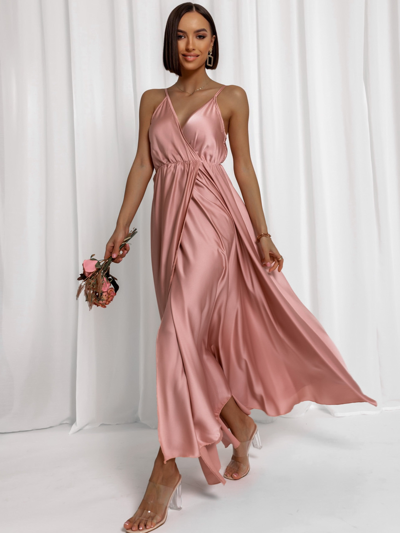Starorůžové dlouhé lesklé šaty PERFECTLY - Obrázek 3