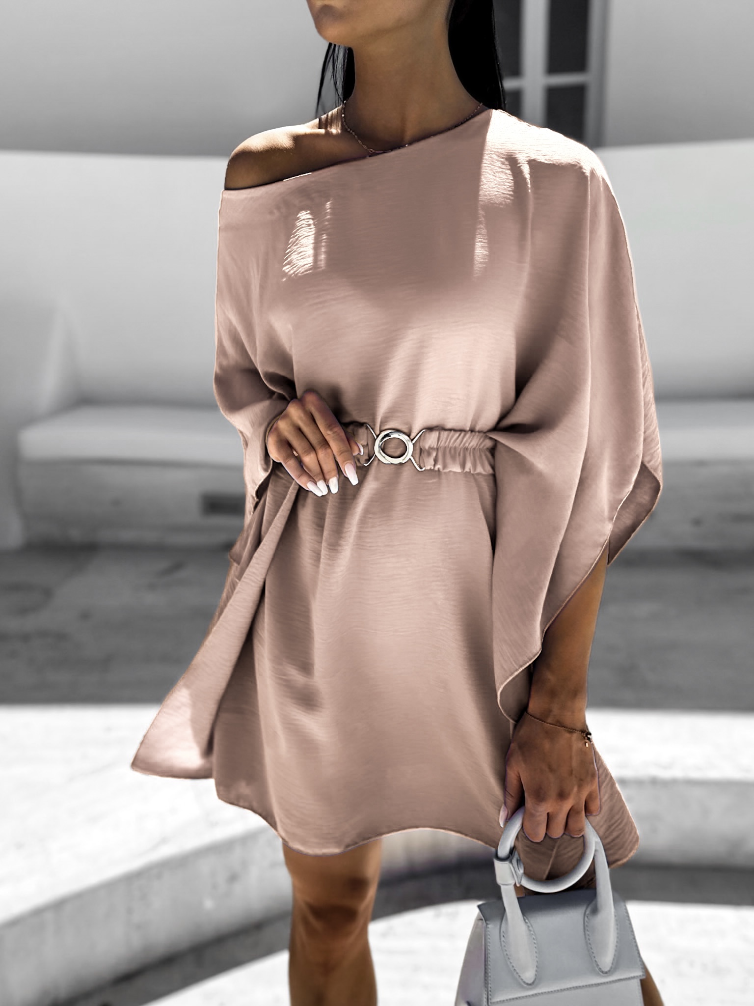 Starorůžové elegantní šaty WOLKA s páskem Velikost: ONESIZE