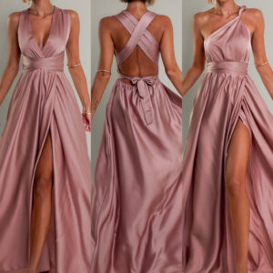 Starorůžové lesklé šaty VALERDI s variabilním vázáním a rozparkem