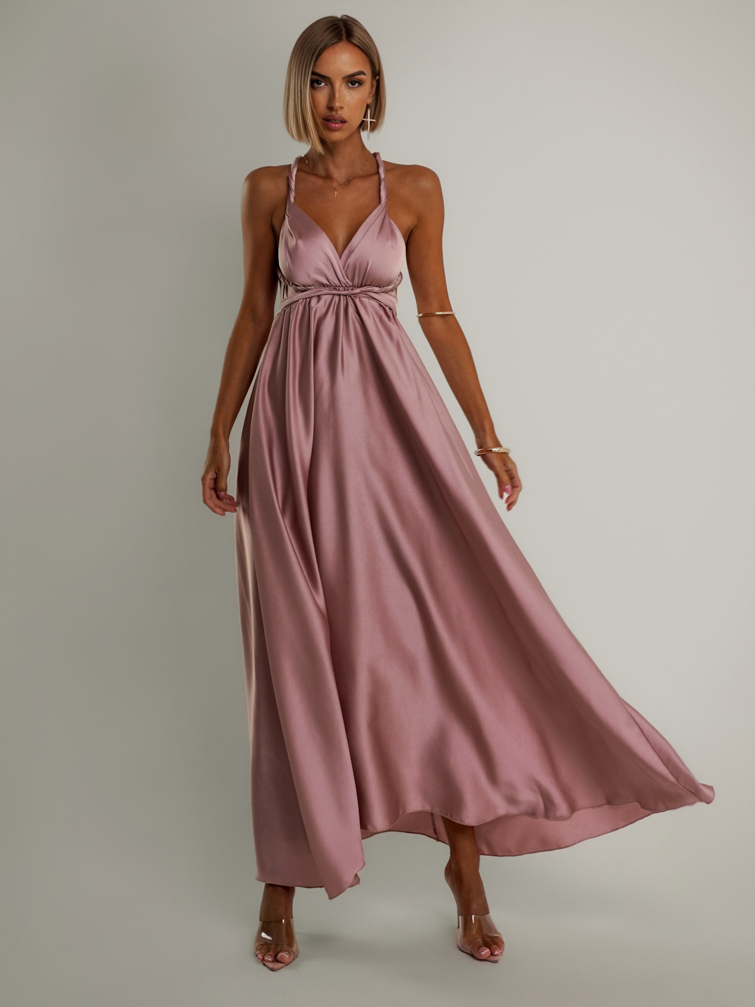 Starorůžové lesklé šaty VALERDY s variabilním vázáním / bez rozparku Velikost: ONESIZE - Obrázek 2