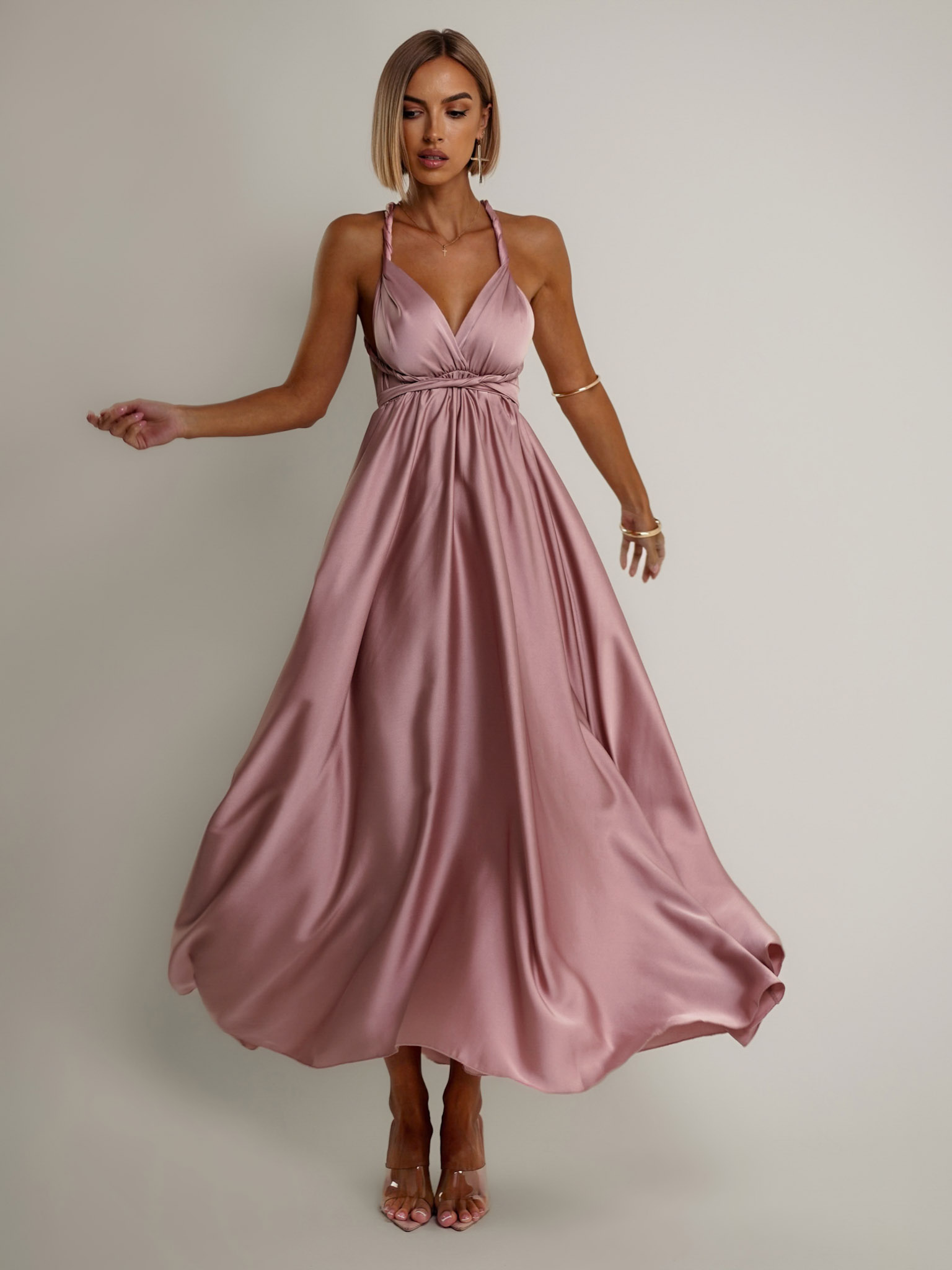 Starorůžové lesklé šaty VALERDY s variabilním vázáním / bez rozparku Velikost: ONESIZE - Obrázek 3