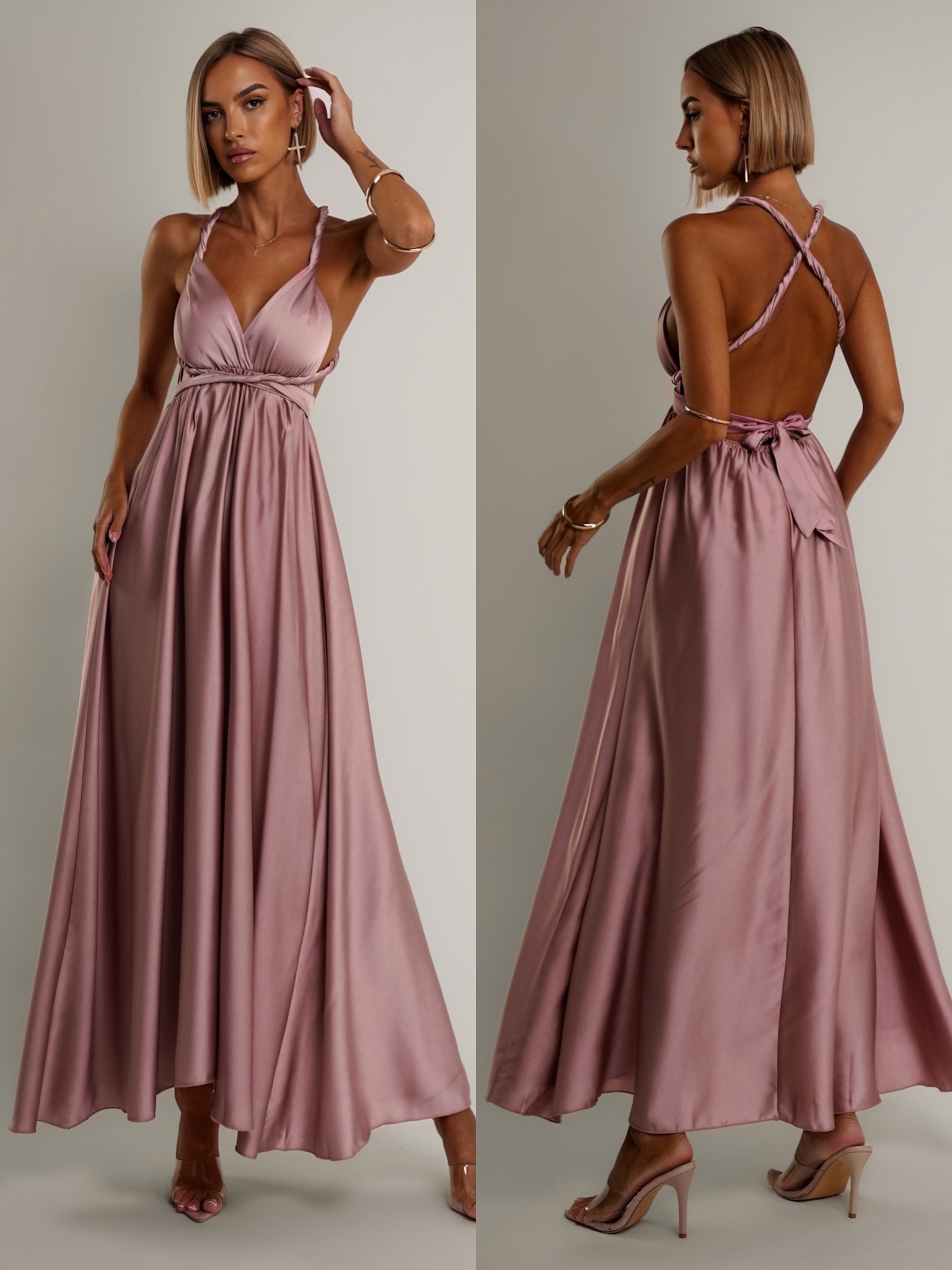 Starorůžové lesklé šaty VALERDY s variabilním vázáním / bez rozparku Velikost: ONESIZE