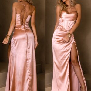 Starorůžové plesové dlouhé saténové šaty VOLINET Velikost: L