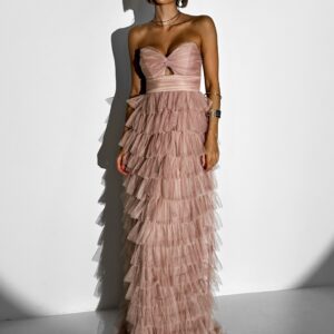 Starorůžové plesové tylové šaty BRUNHIL s volánky Velikost: L