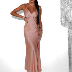 Starorůžové saténové lesklé šaty ROSES s rozparkem