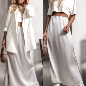 Stříbrná saténová elegantní sukně RUZOVEL Velikost: ONESIZE