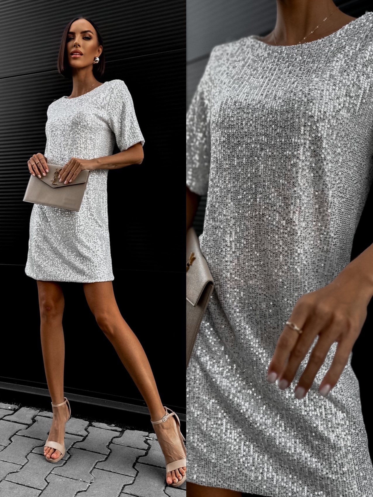 Stříbrné flitrované šaty NINONE s krátkým rukávem Velikost: ONESIZE