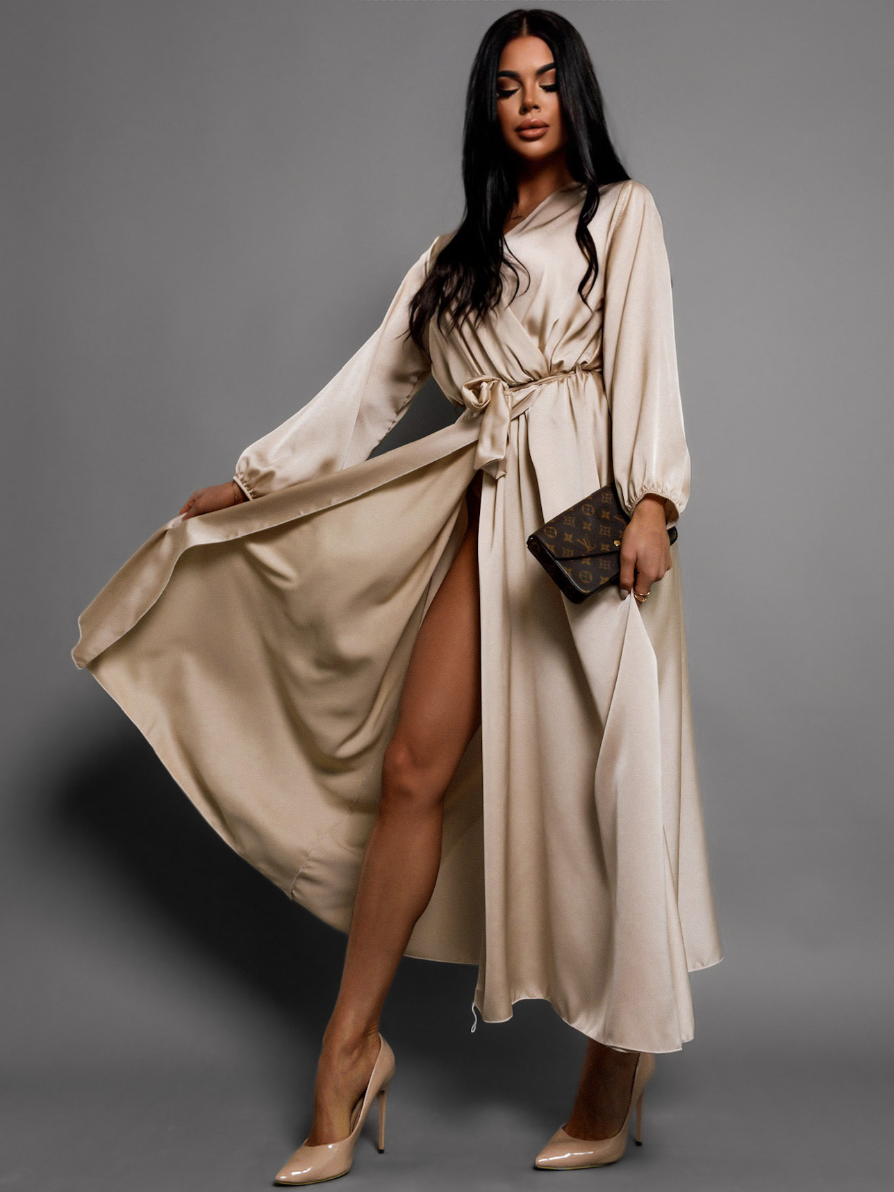 Světle béžové elegantní šaty WOMAN s dlouhým rukávem - Obrázek 2