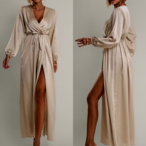 Světle béžové elegantní šaty WOMAN s dlouhým rukávem