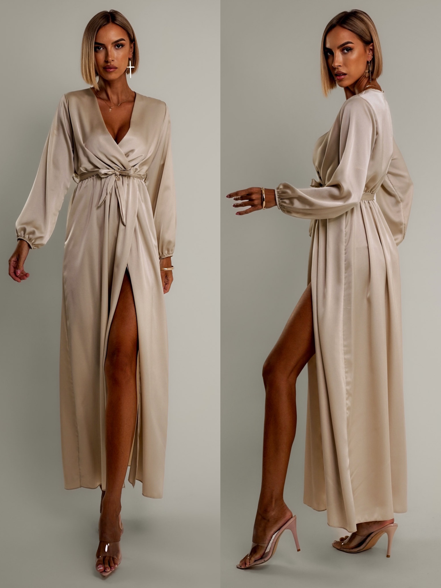 Světle béžové elegantní šaty WOMAN s dlouhým rukávem