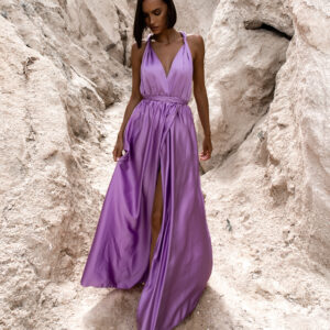 Světle fialové lesklé šaty VALERDI s variabilním vázáním a rozparkem