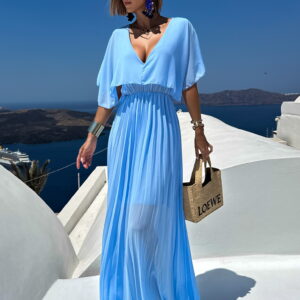 Světle modré elegantní šaty PARFOMELLE s výsřihem do V