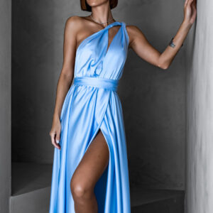 Světle modré saténové šaty VALERDI s variabilním vázáním a rozparkem Velikost: ONESIZE