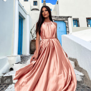 Světle růžové dlouhé lesklé elegantní šaty MADES se zavazováním Velikost: ONESIZE