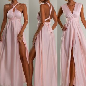 Světle růžové lesklé šaty VALERDI s variabilním vázáním a rozparkem Velikost: ONESIZE