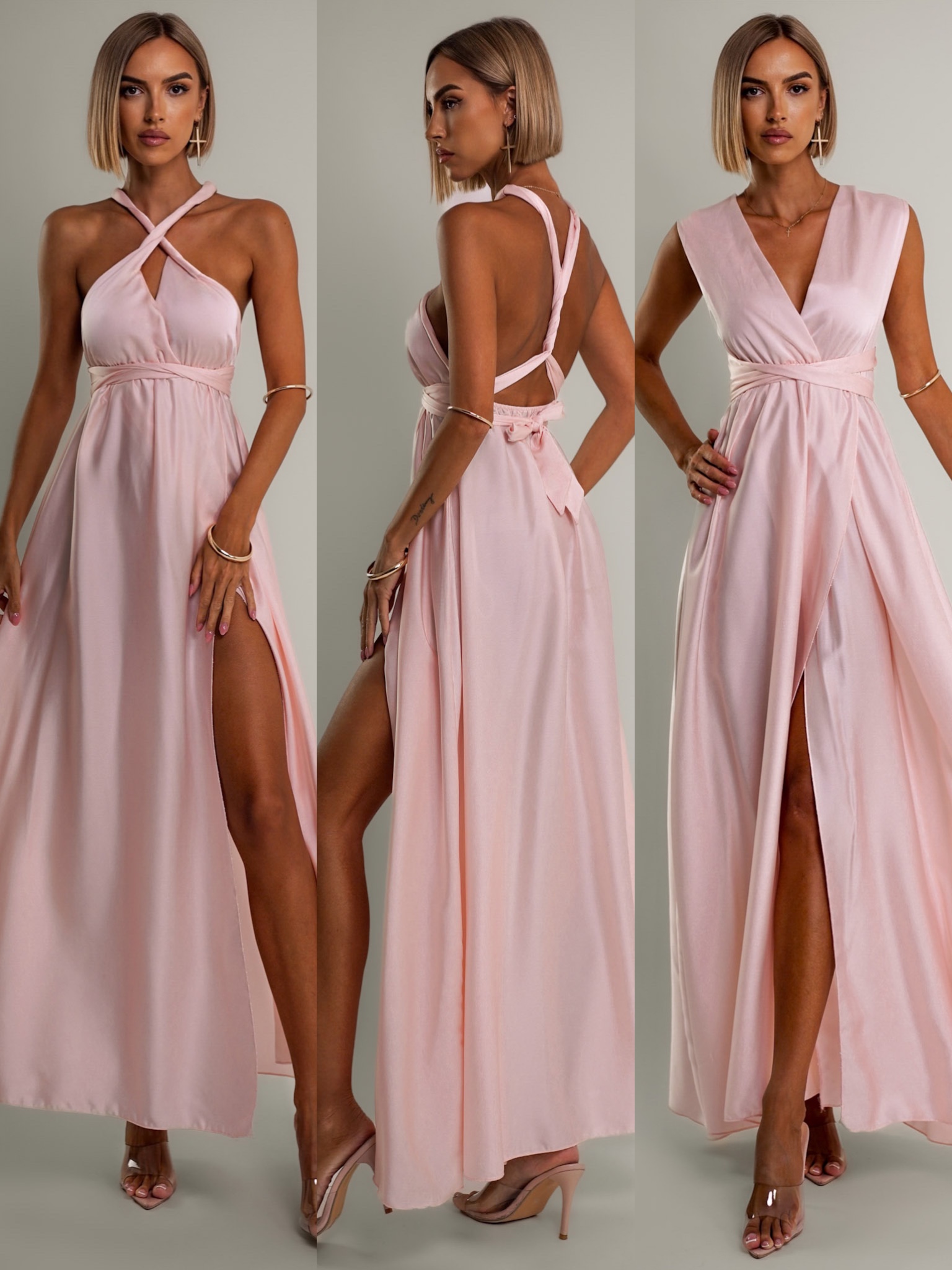 Světle růžové lesklé šaty VALERDI s variabilním vázáním a rozparkem Velikost: ONESIZE