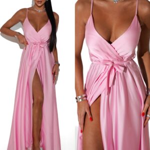 Světle růžové saténové dlouhé společenské šaty PRIMROSE