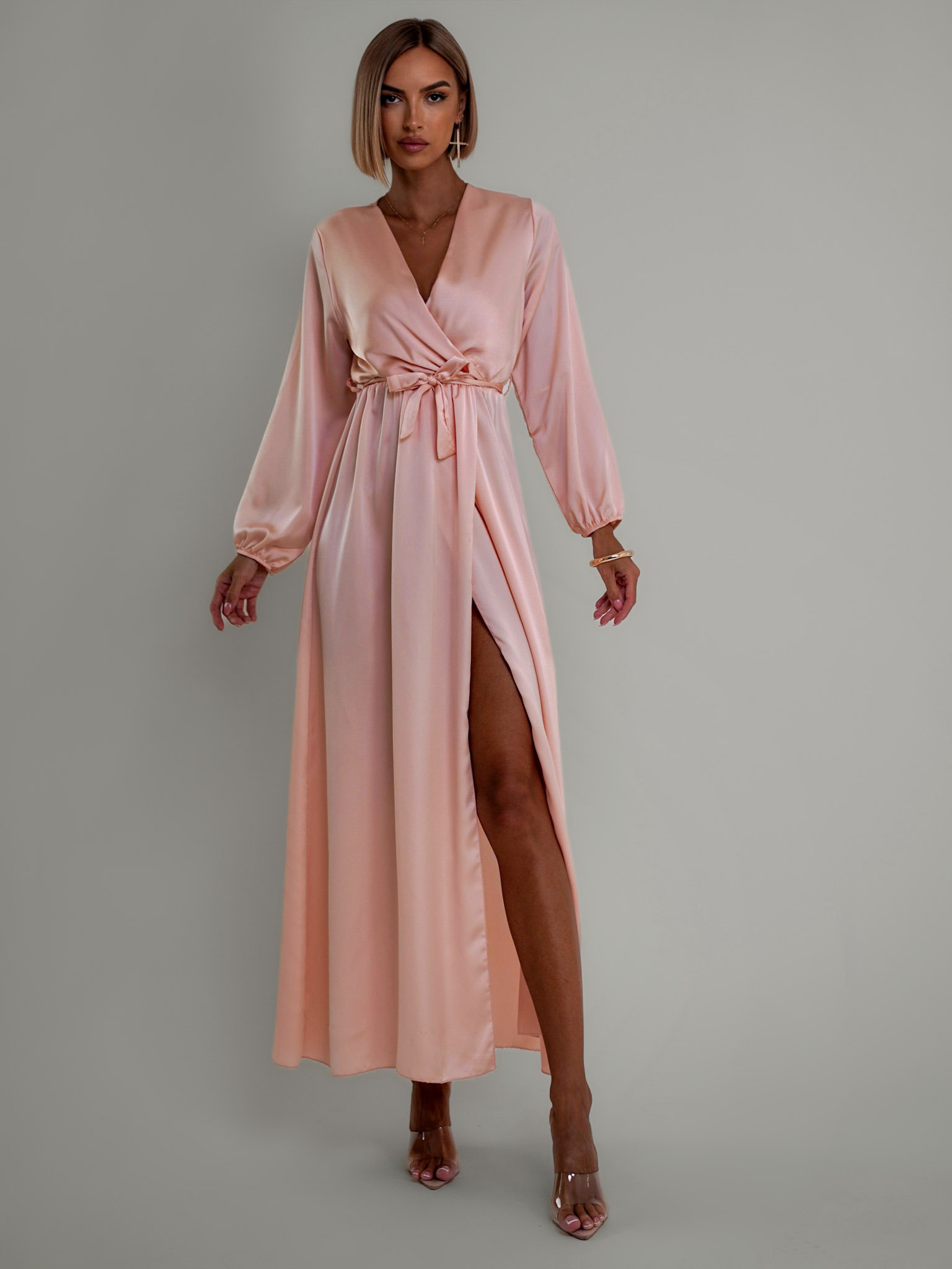 Světle růžové saténové šaty WOMAN s dlouhým rukávem - Obrázek 3
