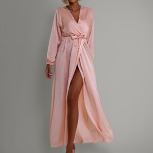 Světle růžové saténové šaty WOMAN s dlouhým rukávem