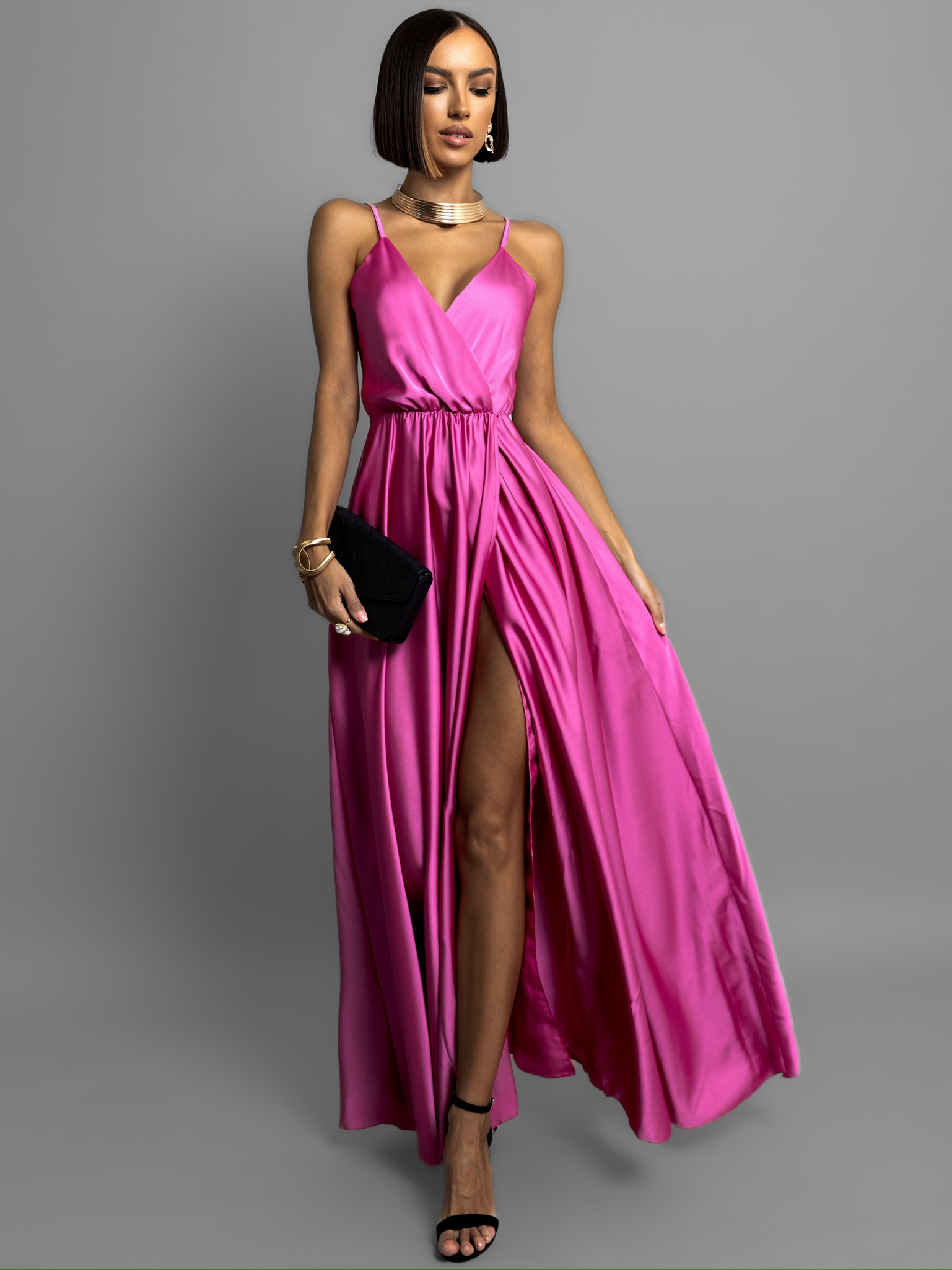 Tmavě fialové dlouhé lesklé šaty PERFECTLY - Obrázek 3