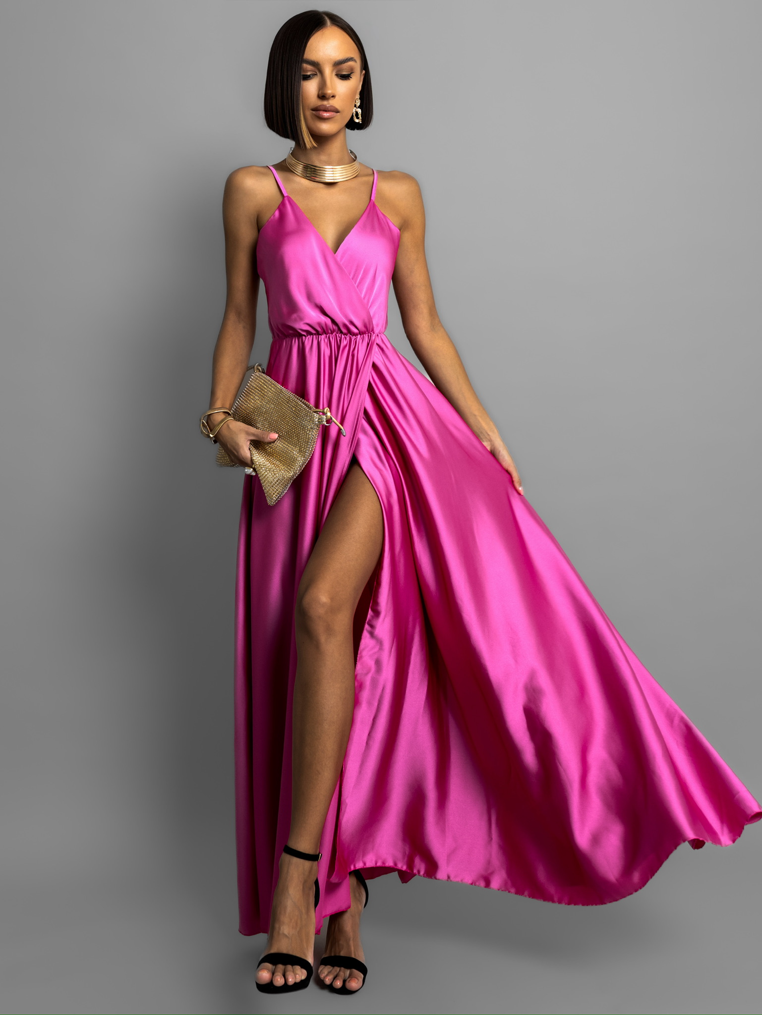 Tmavě fialové dlouhé lesklé šaty PERFECTLY