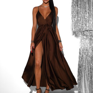Tmavě hnědé saténové dlouhé  šaty FAIRYTALE
