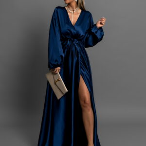 Tmavě modré dlouhé saténové šaty WOMAN s dlouhým rukávem