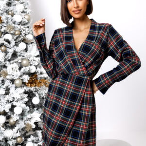 Tmavě modré kárované šaty TOFFE s výstřihem do V Velikost: ONESIZE